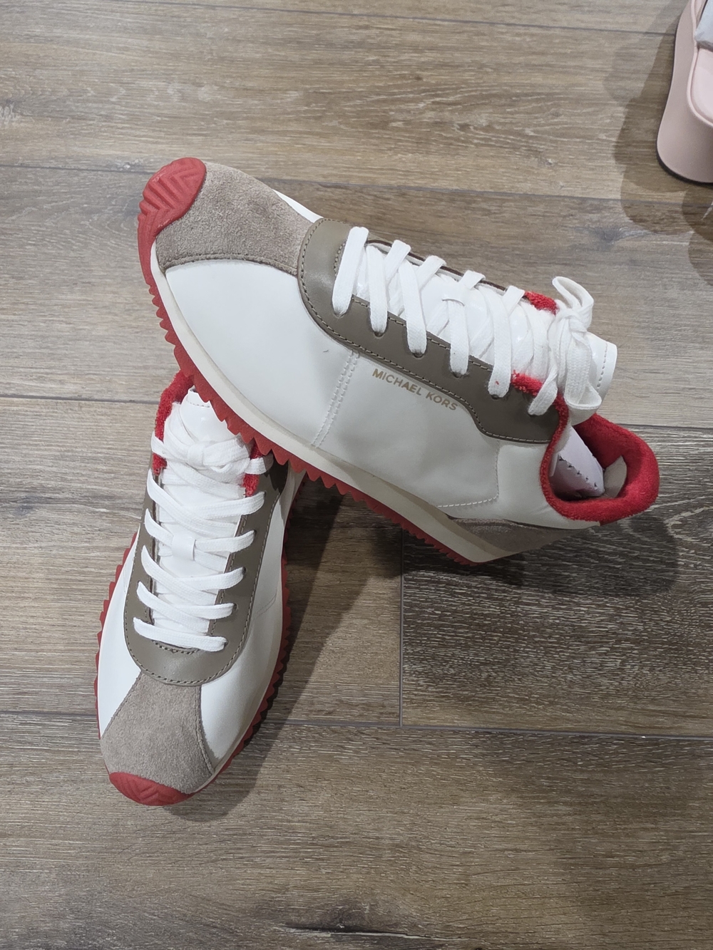 Michael Kors Men’s White & Taupe Casual Sneakers with Red Accents